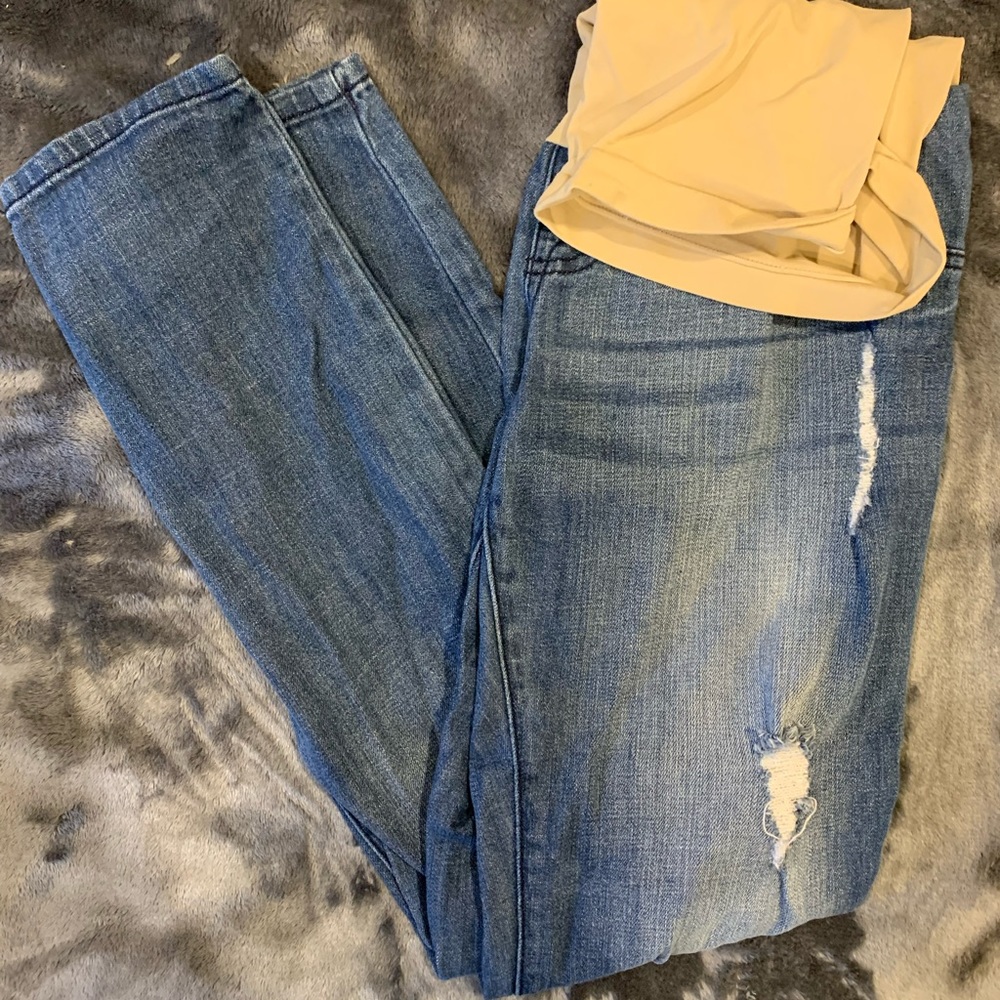 Indigo blue maternity jeans.